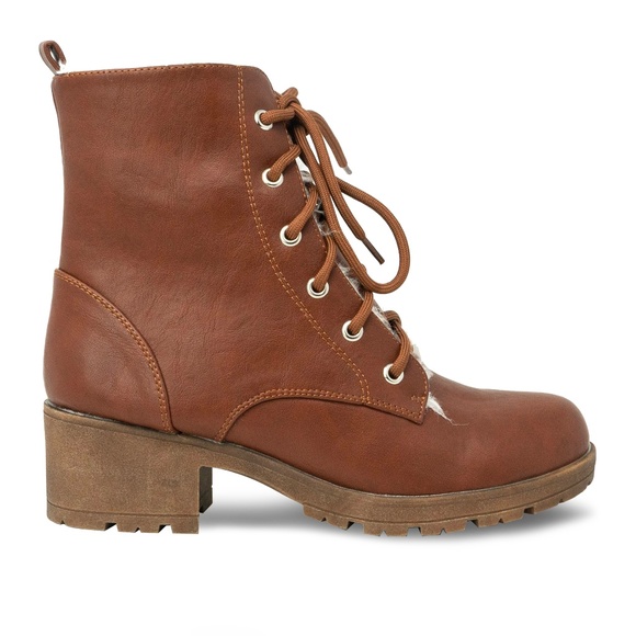 Chase + Chloe Shoes - Women's Lace Up Stacked Heel Cognac Combat Boot Chase + Chloe Shoes - Women's Lace Up Stacked Heel Cognac Combat Boot